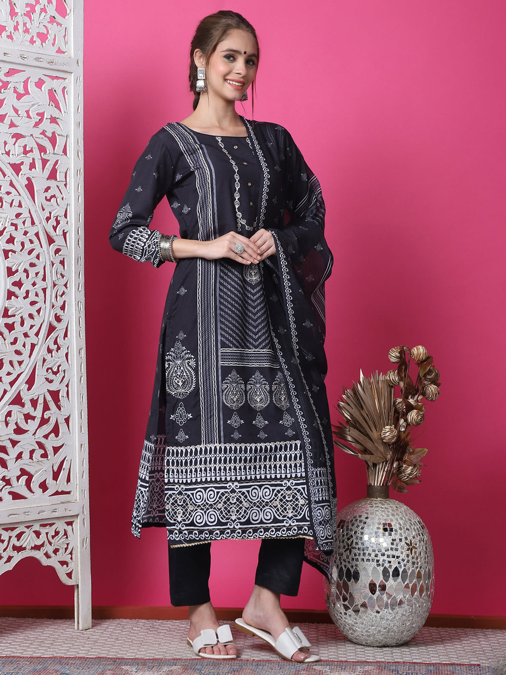 Black Cotton Geometric Print Straight Kurta Set with Dupatta