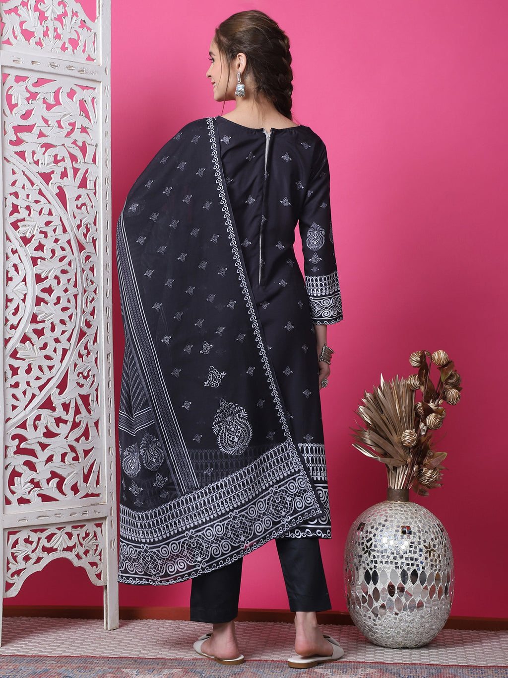 Black Cotton Geometric Print Straight Kurta Set with Dupatta