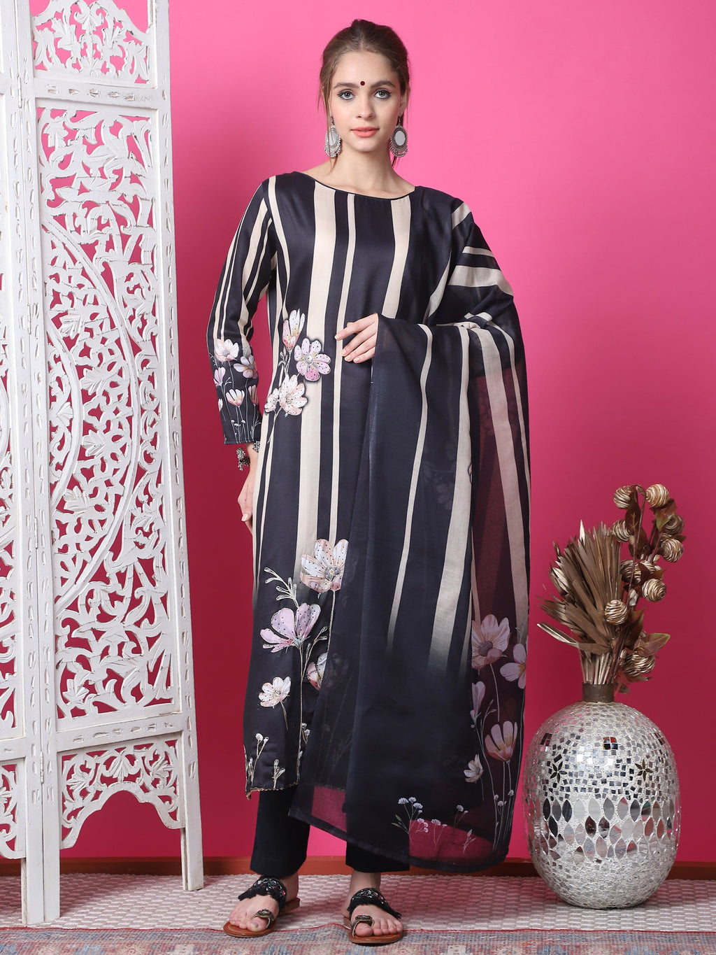 Black straight cotton kurta with geometric print and crystal embellishments, includes trousers and dupatta