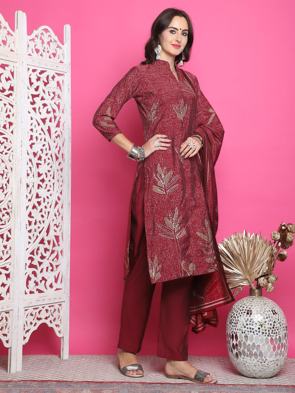 Jyoti Fashion Women's Maroon Muslin Floral Print with Jari & Crystal work Kurta with Trouser & Dupatta