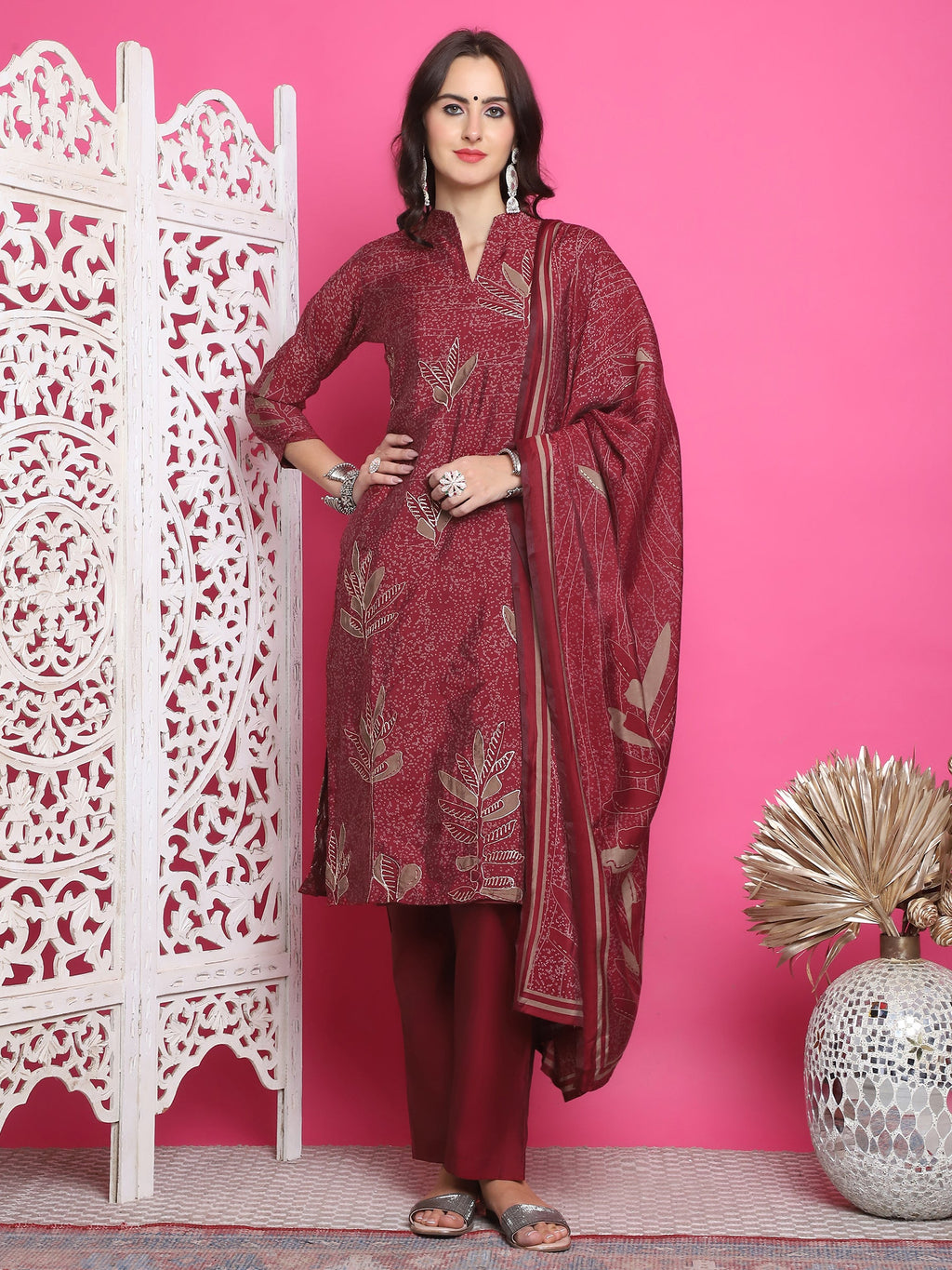 Jyoti Fashion Women's Maroon Muslin Floral Print with Jari & Crystal work Kurta with Trouser & Dupatta