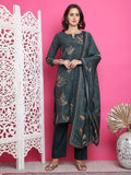 Women's green muslin floral print straight kurta with Jari and crystal work and matching dupatta
