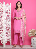 Pink muslin kurta set with detailed floral Resham embroidery