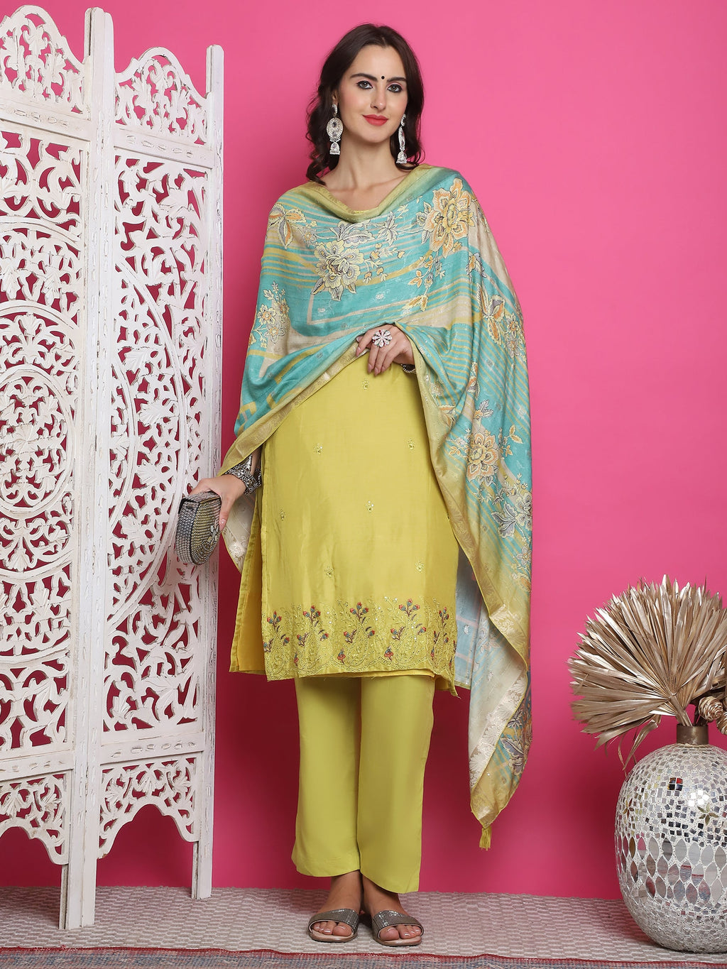 Lemon Yellow Muslin Floral Resham Embroidery Kurta Set