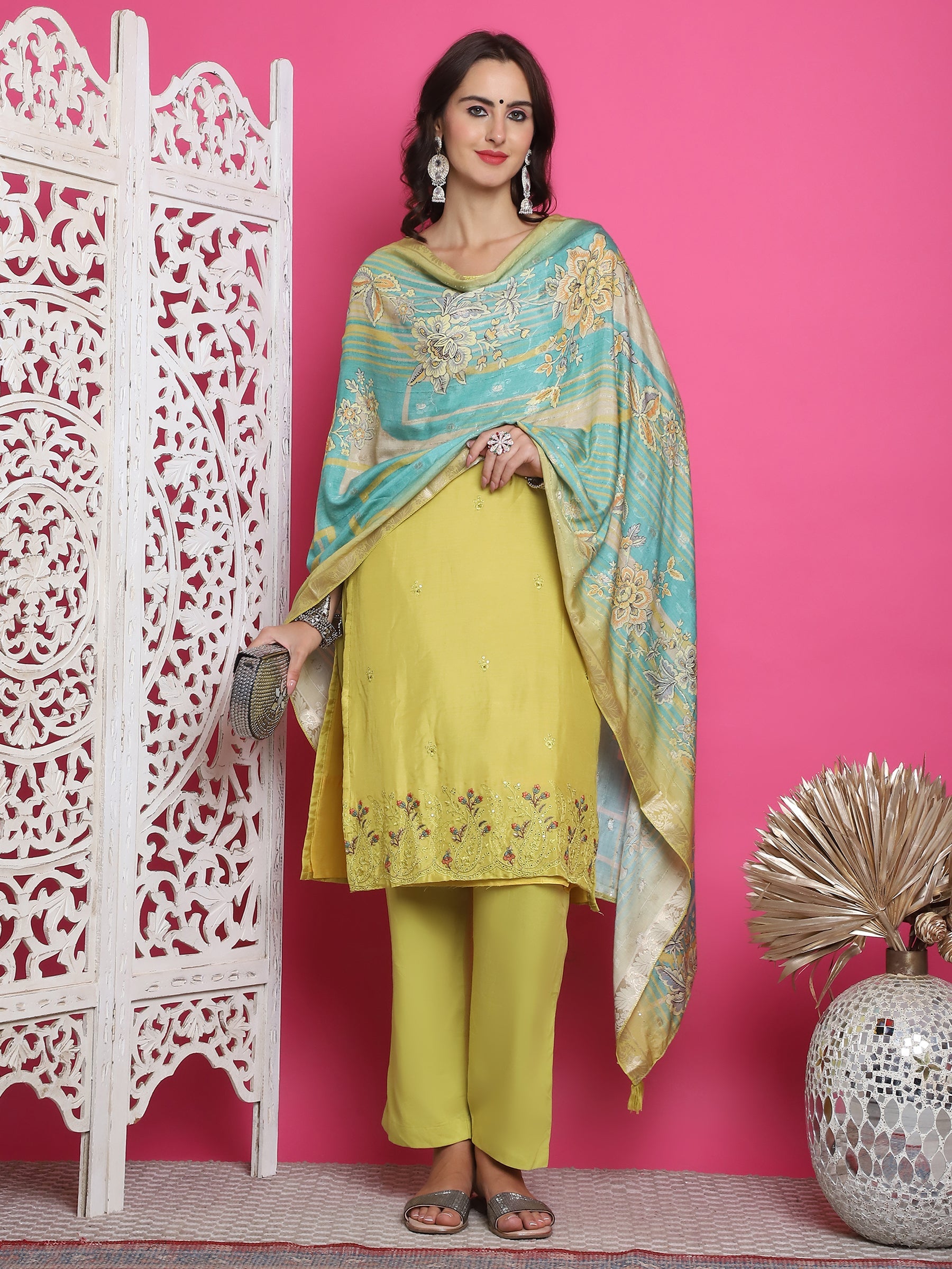 Lemon Yellow Muslin Floral Resham Embroidery Kurta Set