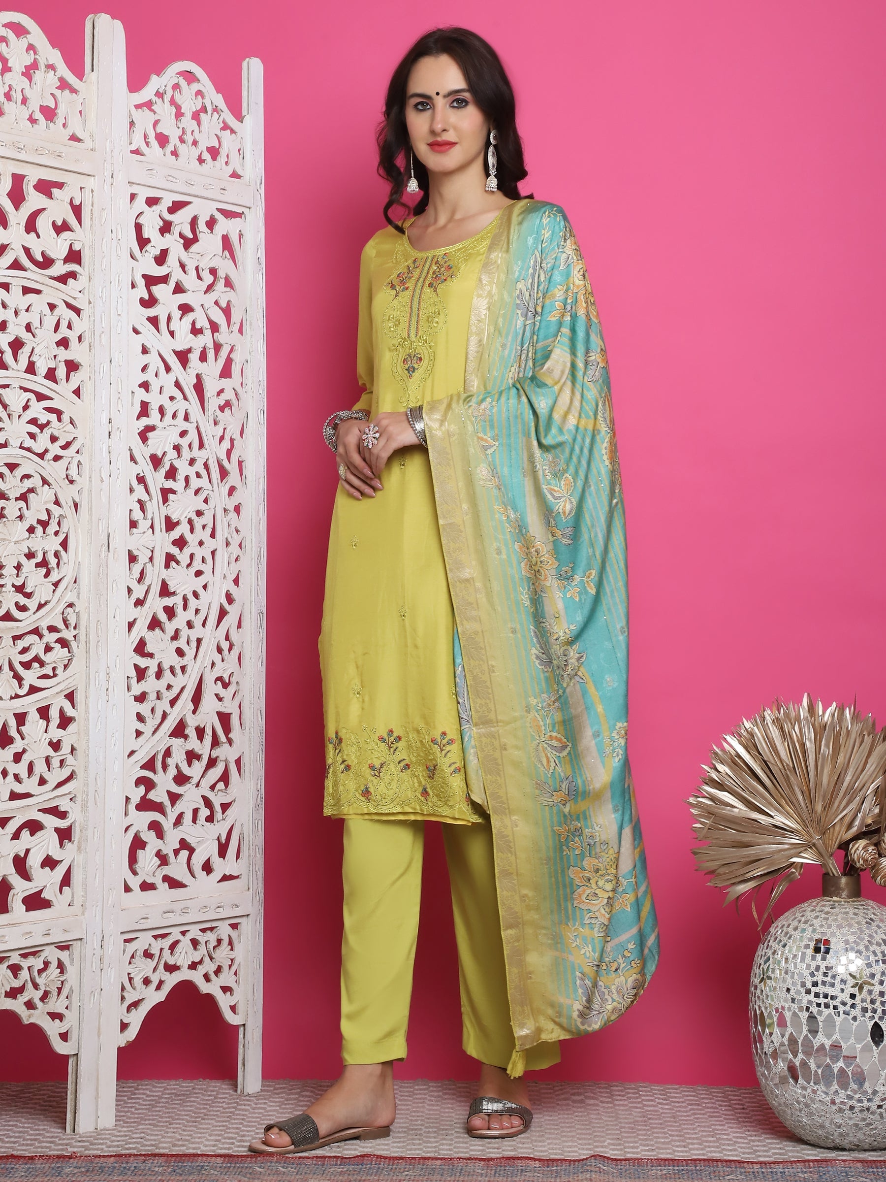 Lemon Yellow Muslin Floral Resham Embroidery Kurta Set