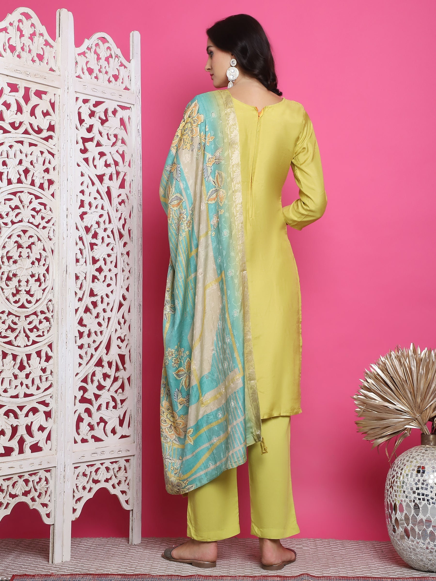 Lemon Yellow Muslin Floral Resham Embroidery Kurta Set