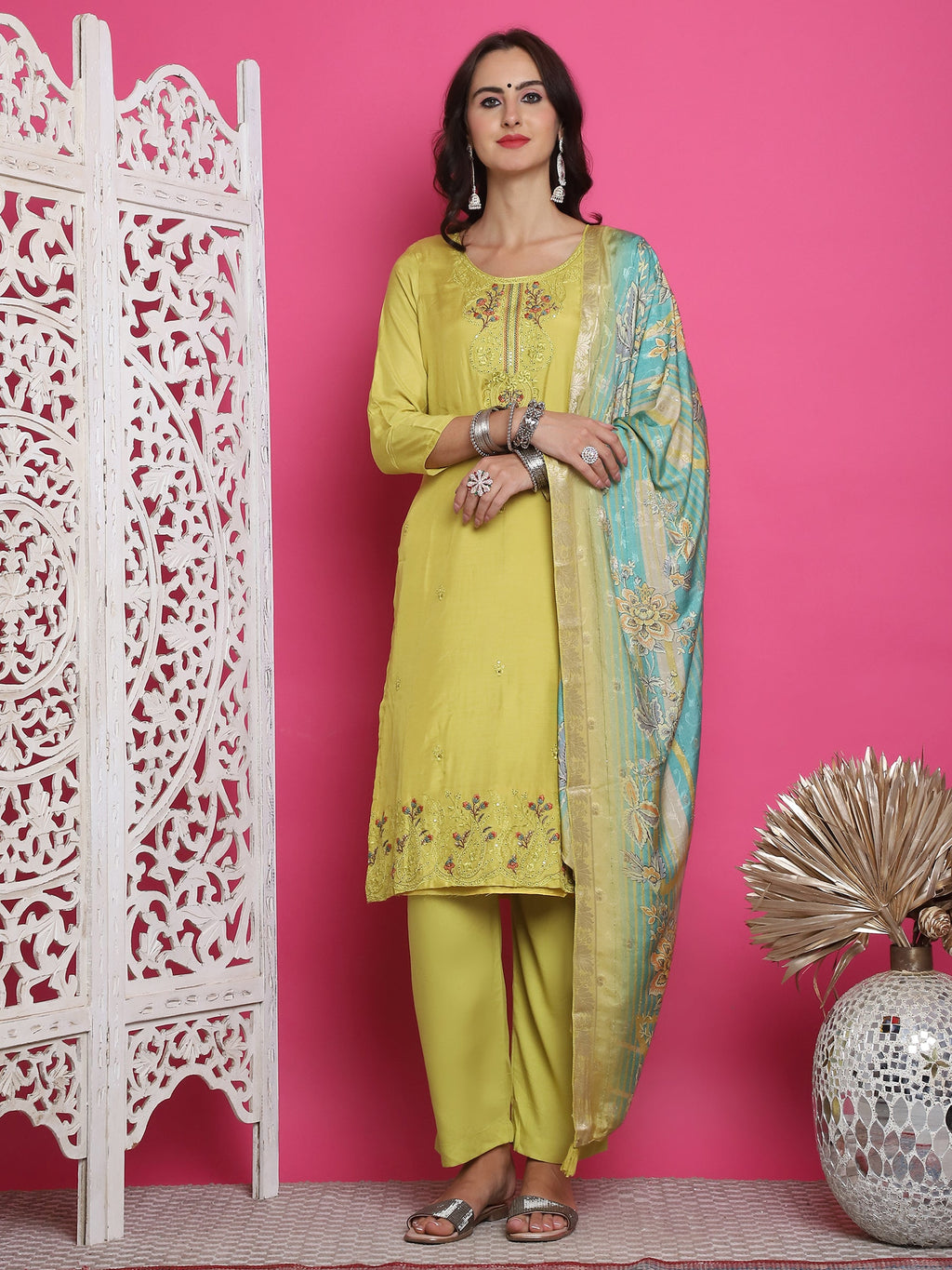 Lemon yellow muslin kurta set with floral resham embroidery and trousers
