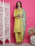 Lemon yellow muslin kurta set with floral resham embroidery and trousers
