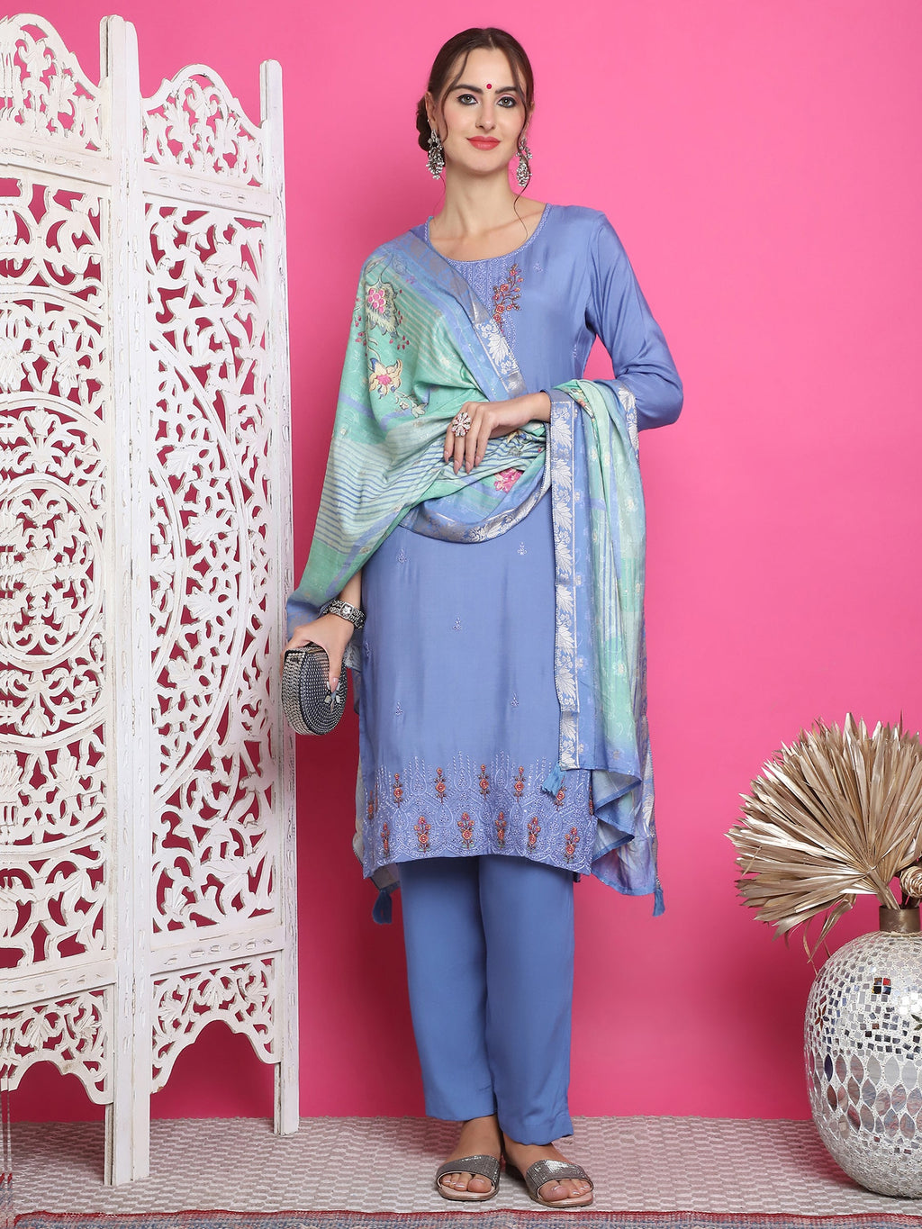 Women's Blue Muslin Floral Resham Embroidery Kurta Set with Dupatta