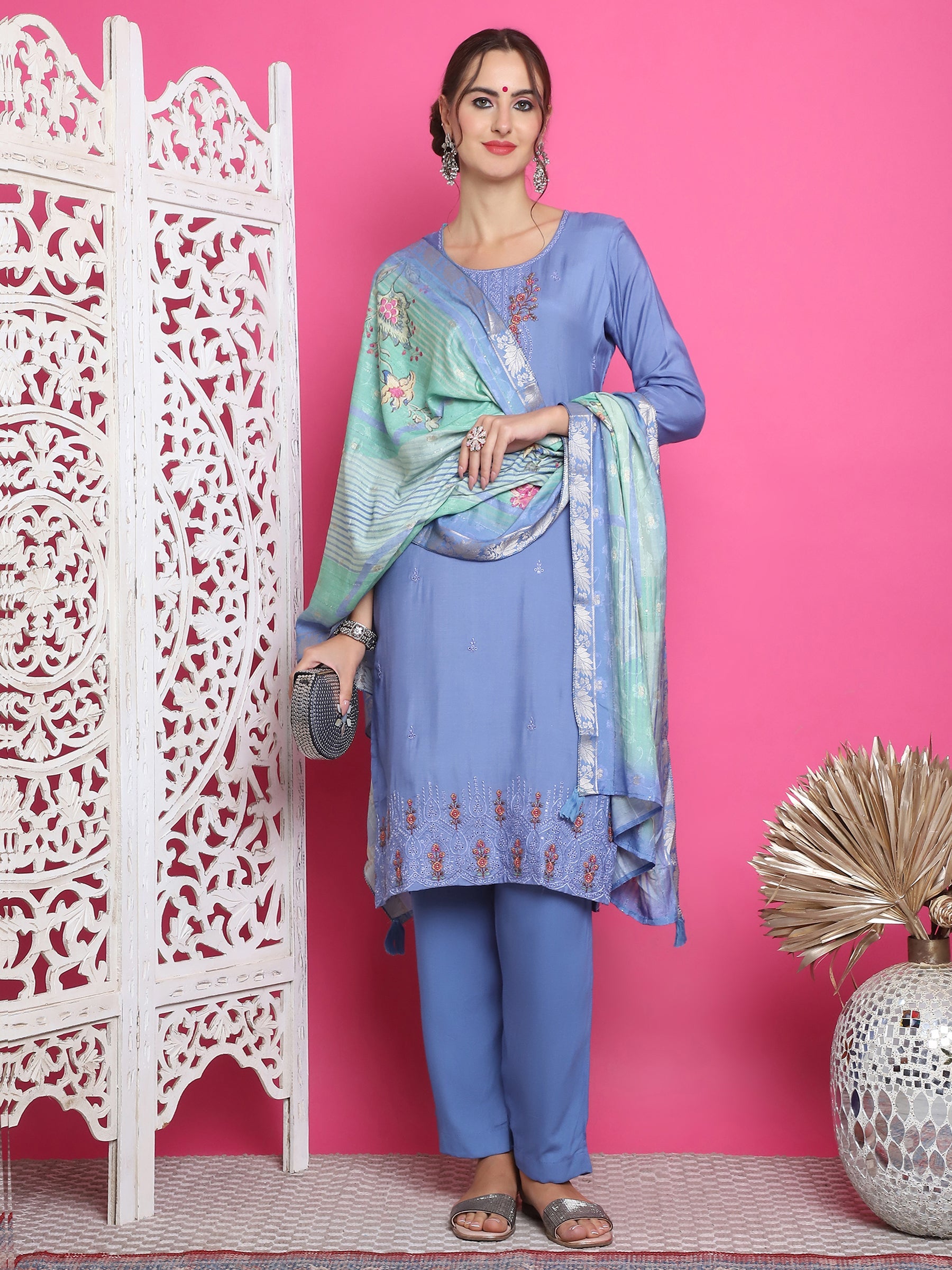 Women's Blue Muslin Floral Resham Embroidery Kurta Set with Dupatta