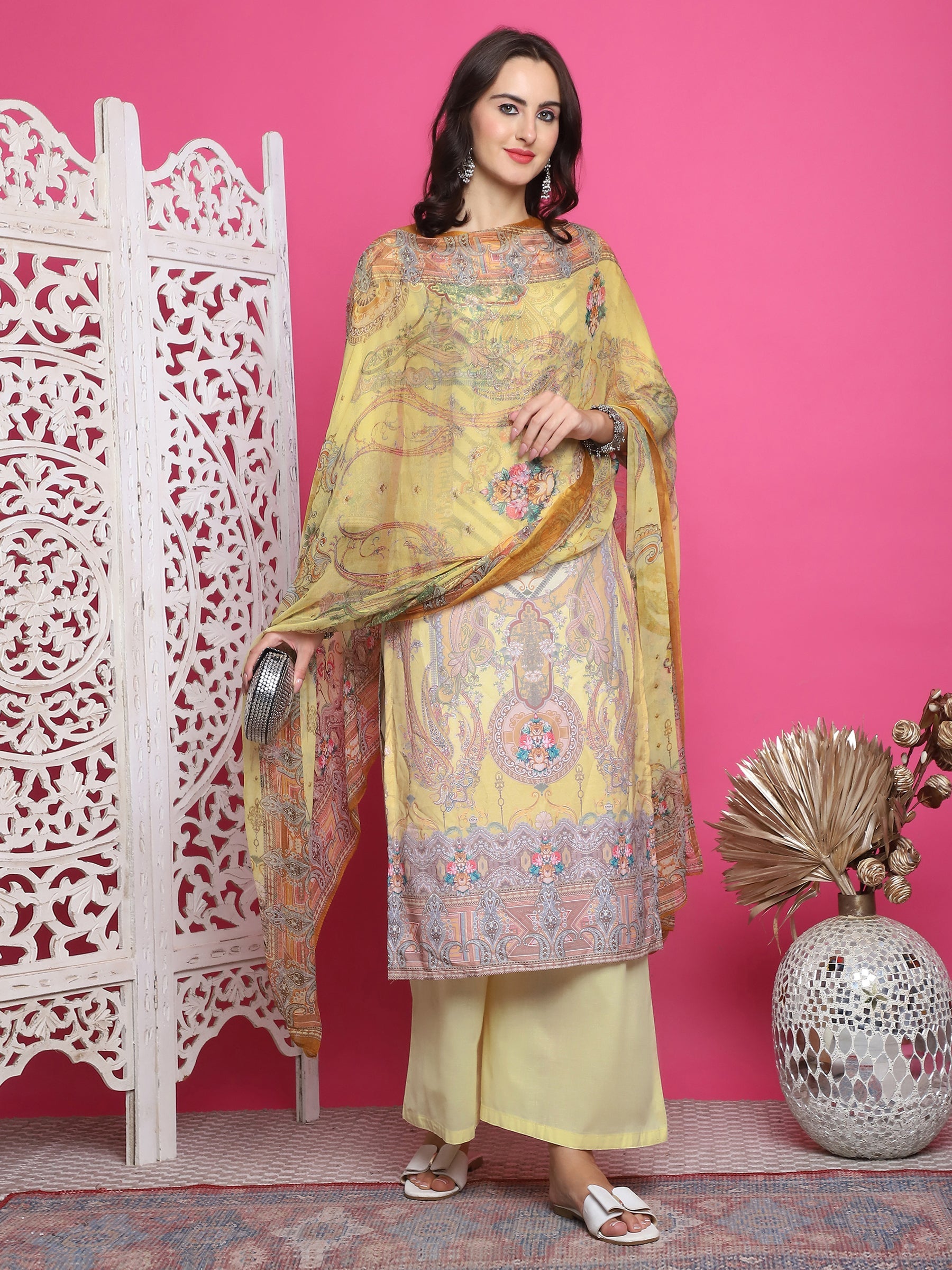 Women's Yellow Satin Traditional Digital Print Kurta Set with Dupatta