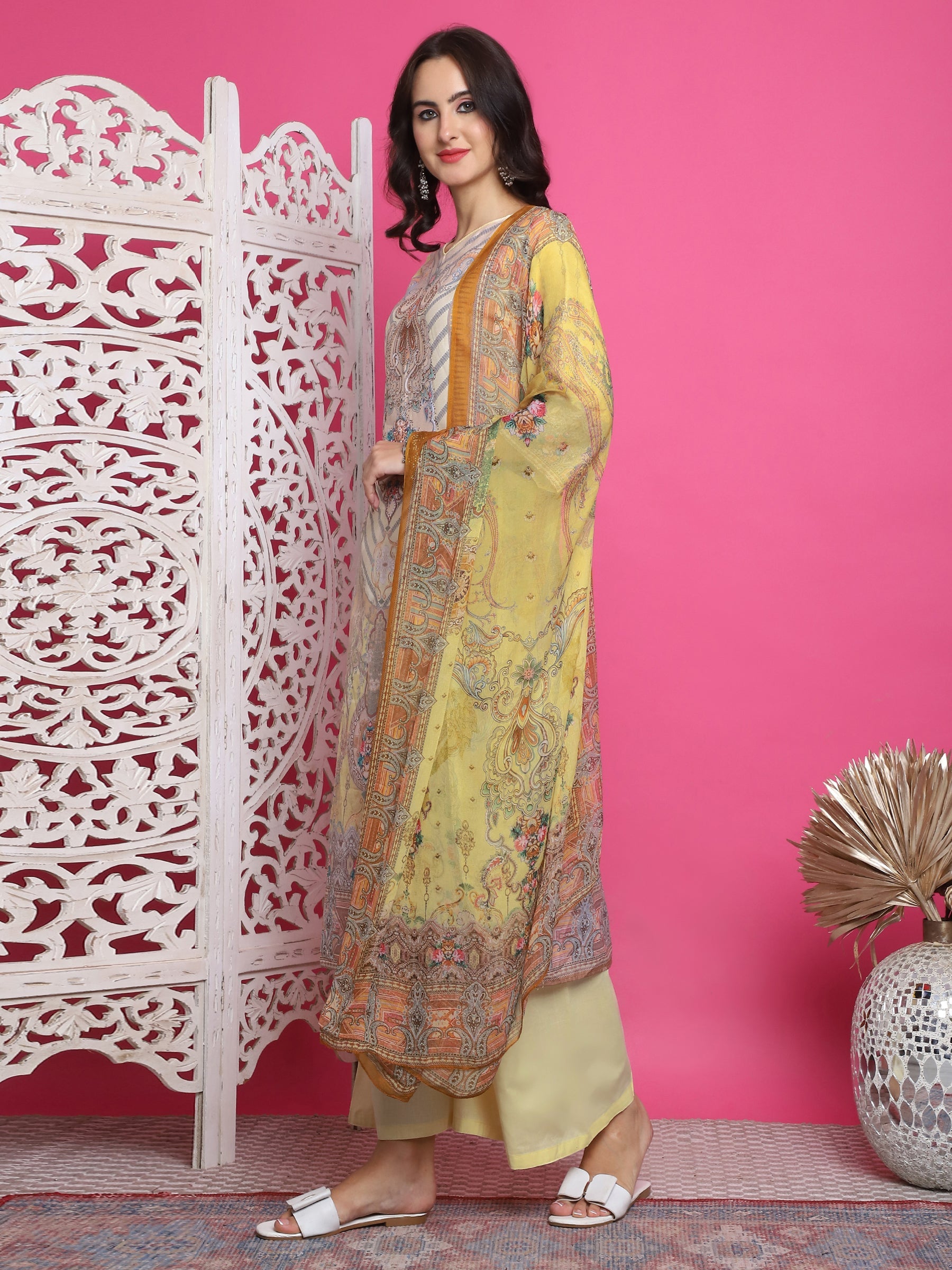 Women's Yellow Satin Traditional Digital Print Kurta Set with Dupatta