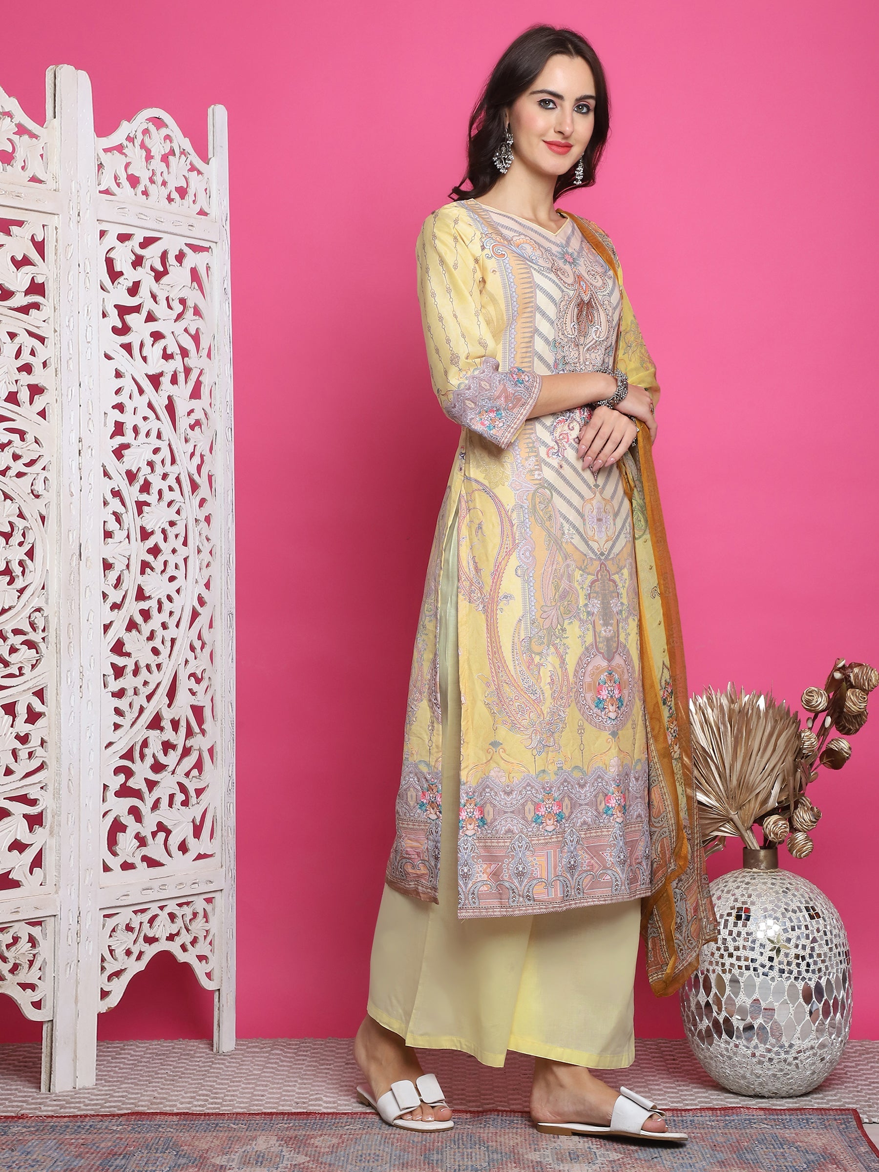 Women's Yellow Satin Traditional Digital Print Kurta Set with Dupatta