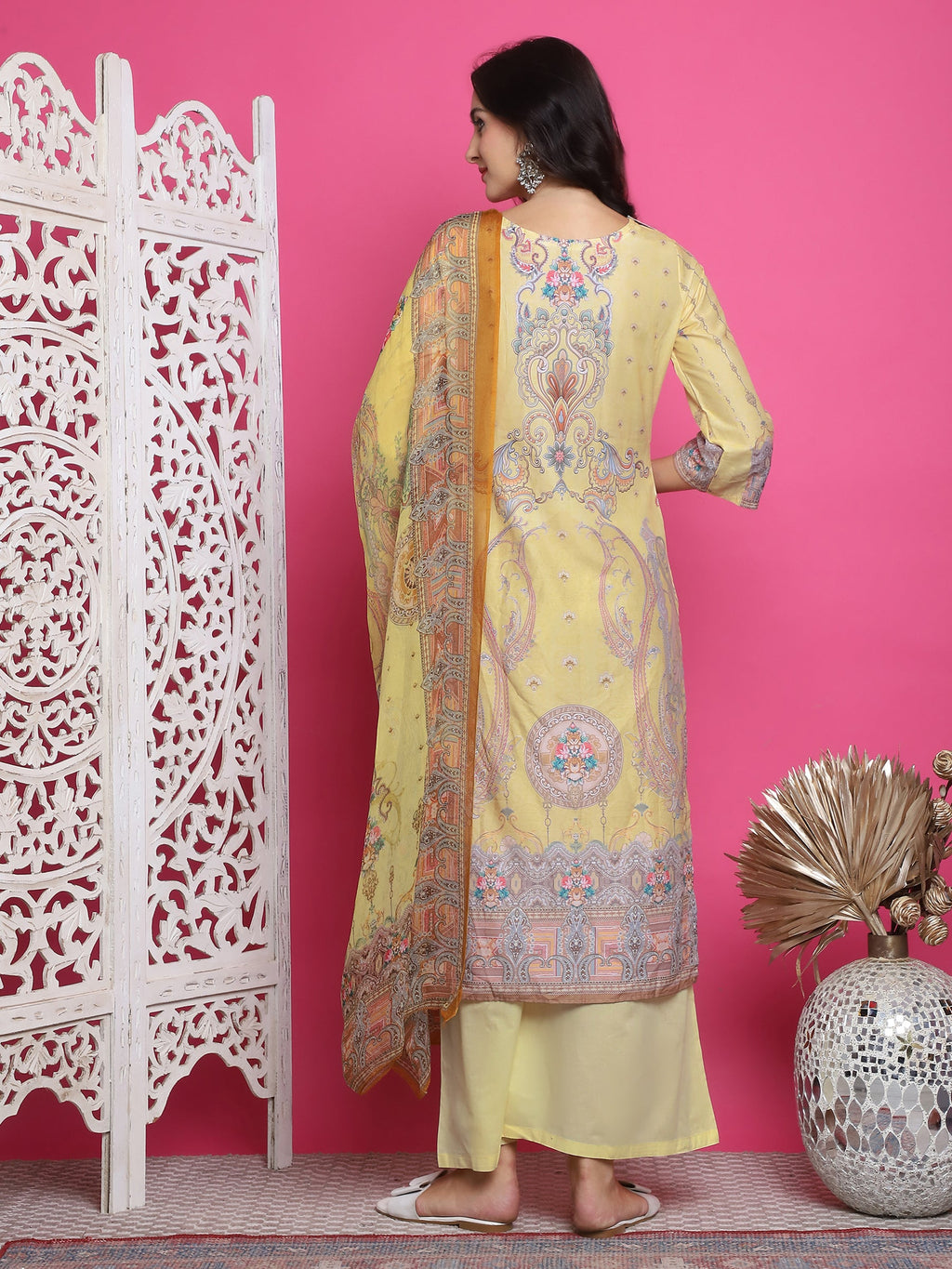 Women's Yellow Satin Traditional Digital Print Kurta Set with Dupatta