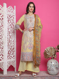 Women's yellow satin kurta set with digital traditional prints and crystal embellishments