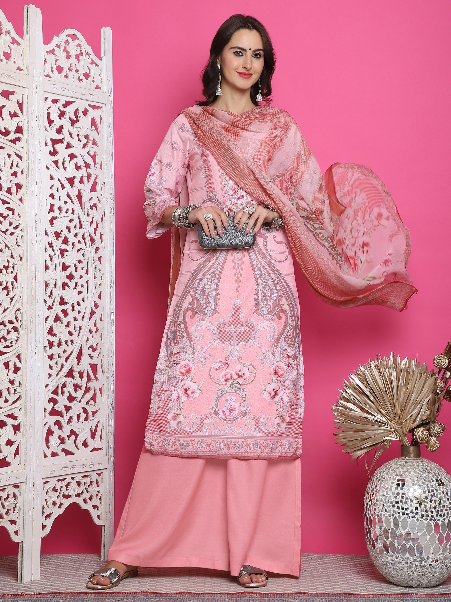 Women's Pink Satin Traditional Kurta Set with Crystal Work