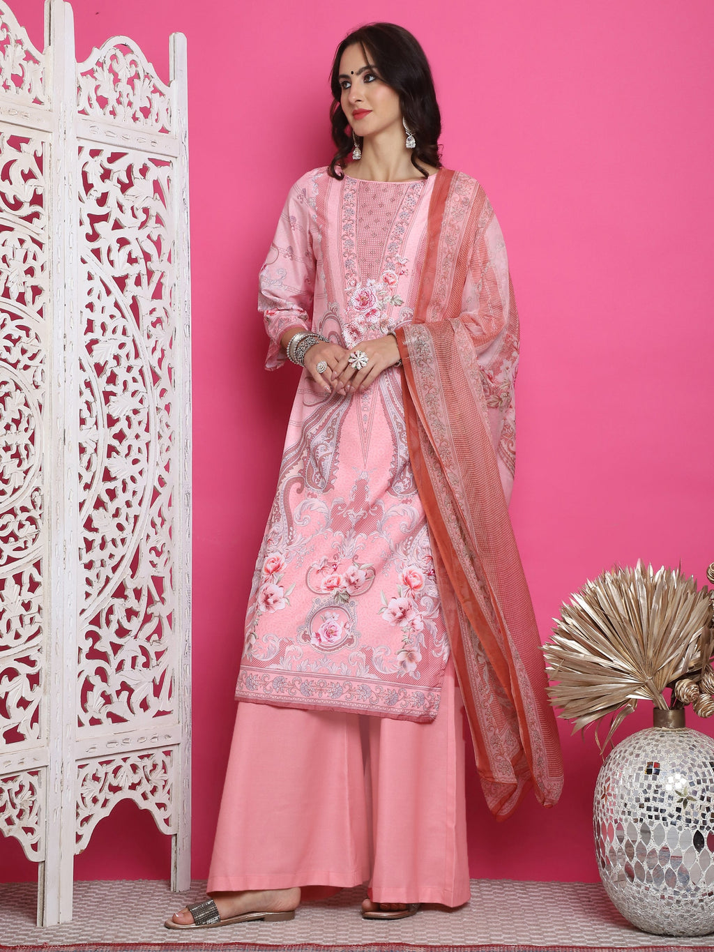 Women's Pink Satin Traditional Kurta Set with Crystal Work
