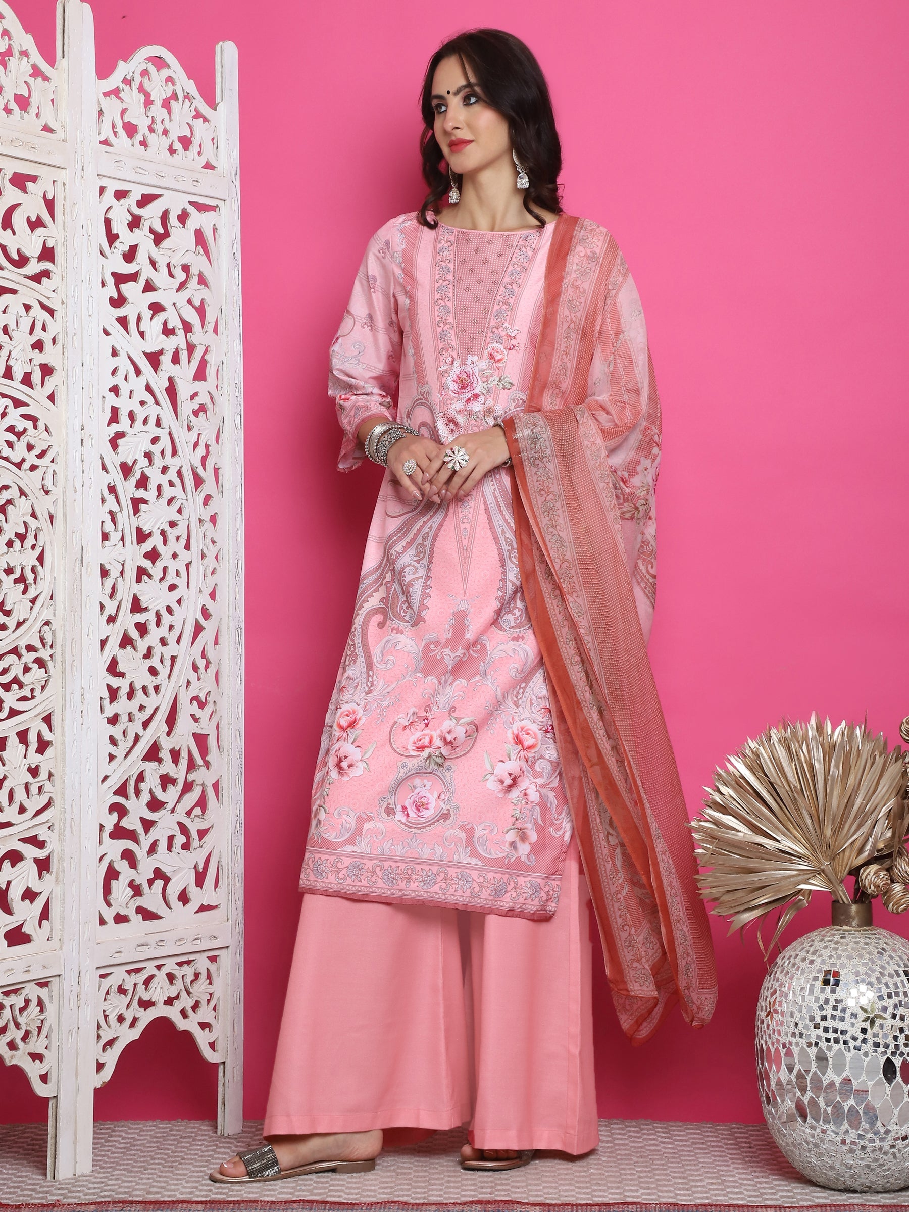 Women's Pink Satin Traditional Kurta Set with Crystal Work