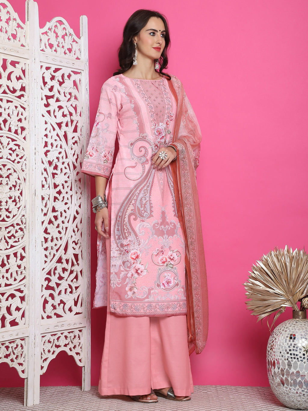 Women's Pink Satin Traditional Kurta Set with Crystal Work