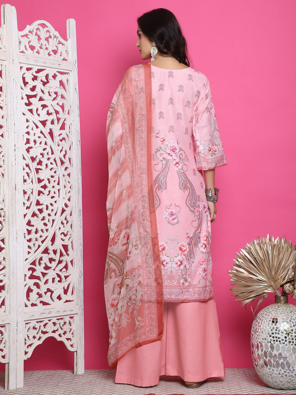 Women's Pink Satin Traditional Kurta Set with Crystal Work