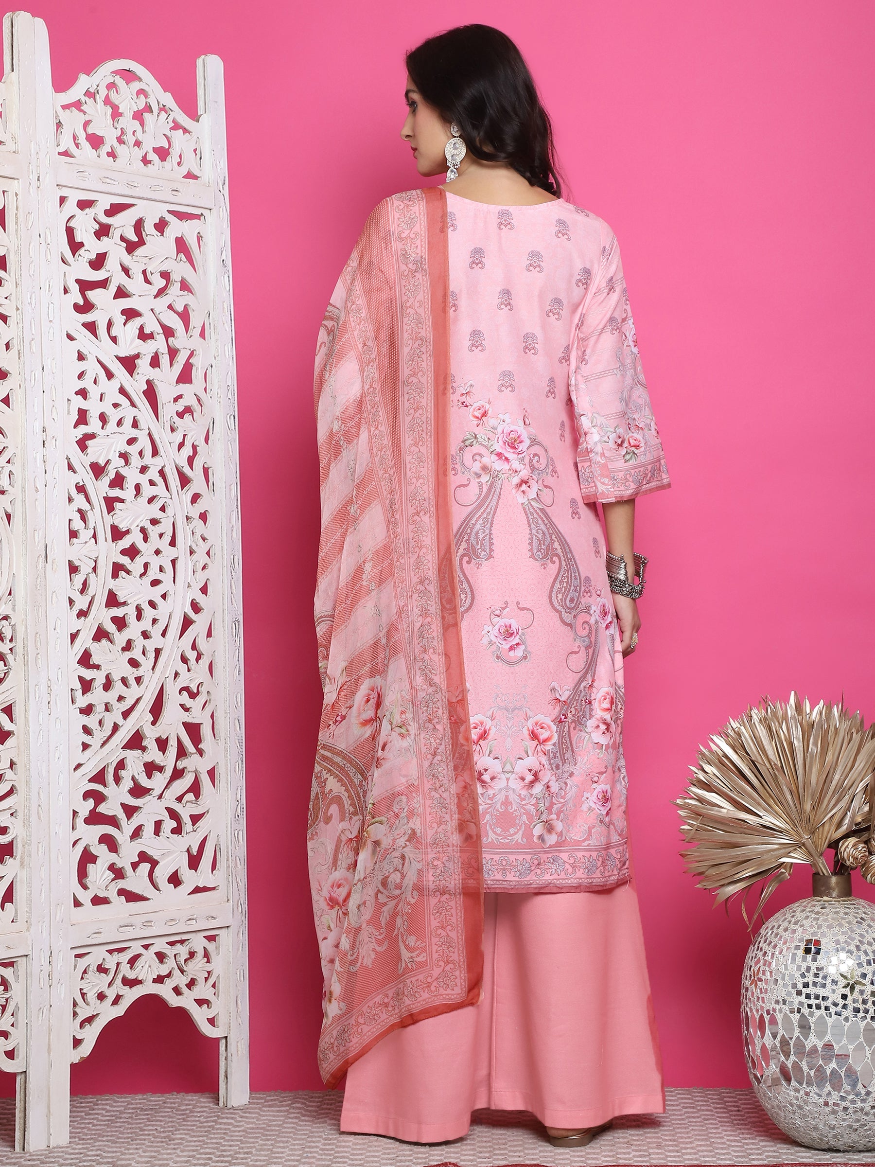 Women's Pink Satin Traditional Kurta Set with Crystal Work