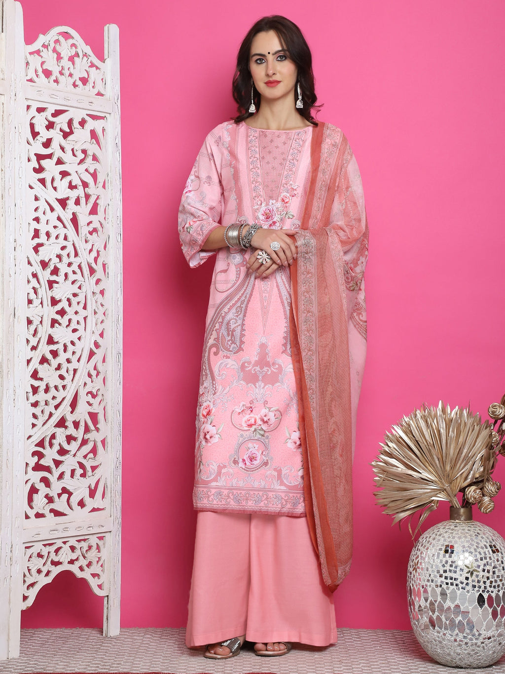 Women's pink satin kurta set with traditional digital print and crystal embellishments