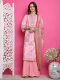 Women's pink satin kurta set with traditional digital print and crystal embellishments