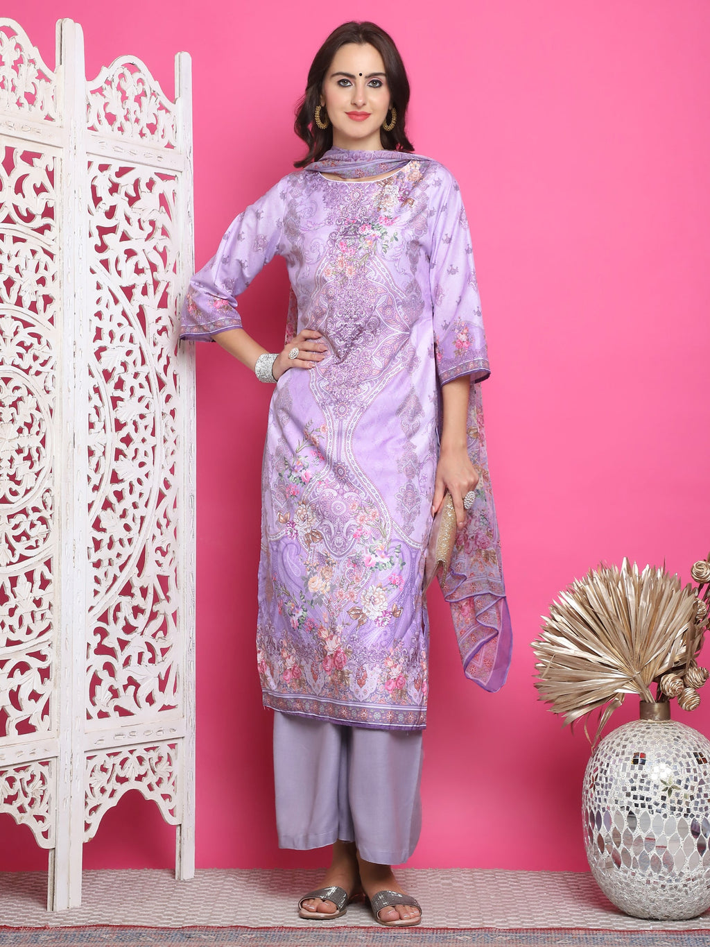 Lavender Satin Traditional Print Kurta Set with Crystal Work