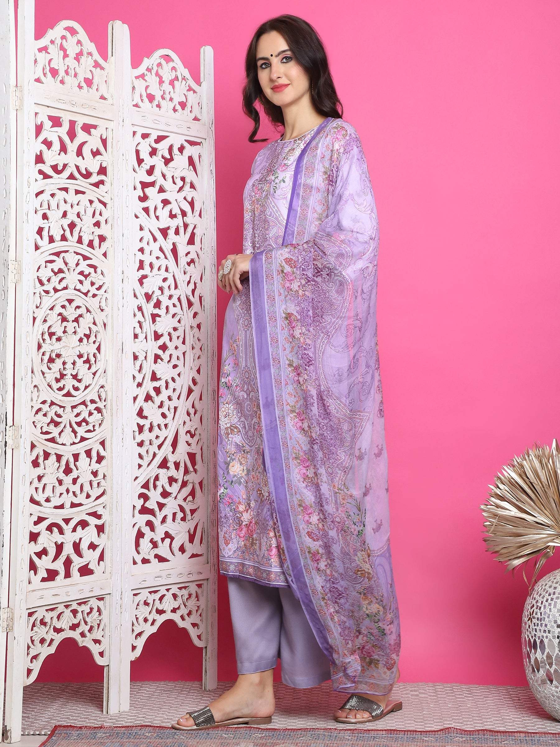 Lavender Satin Traditional Print Kurta Set with Crystal Work