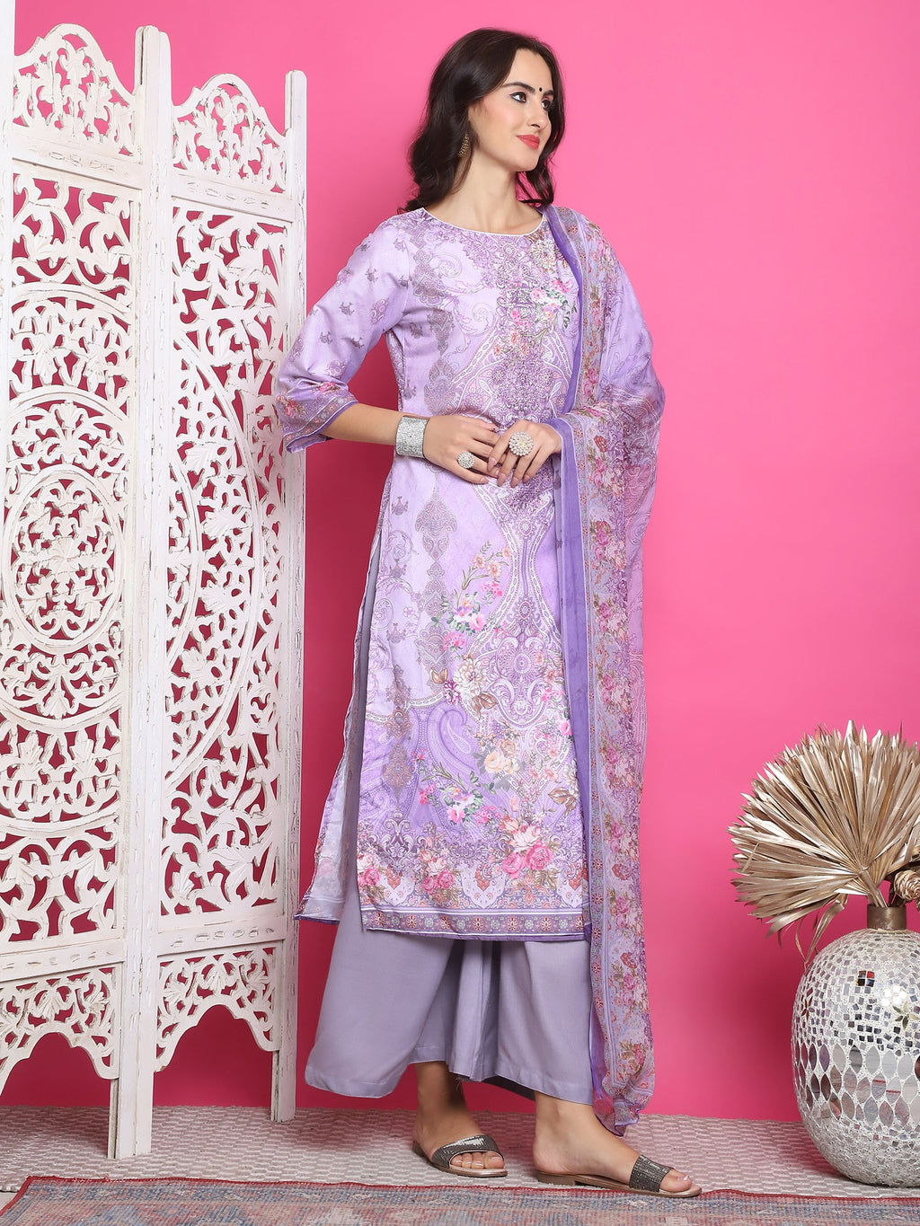 Lavender Satin Traditional Print Kurta Set with Crystal Work