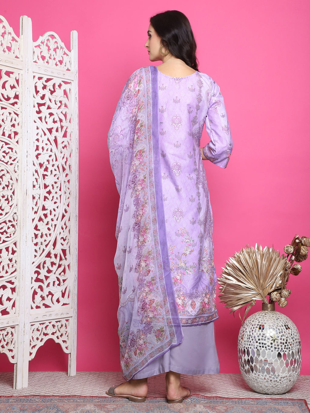 Lavender Satin Traditional Print Kurta Set with Crystal Work