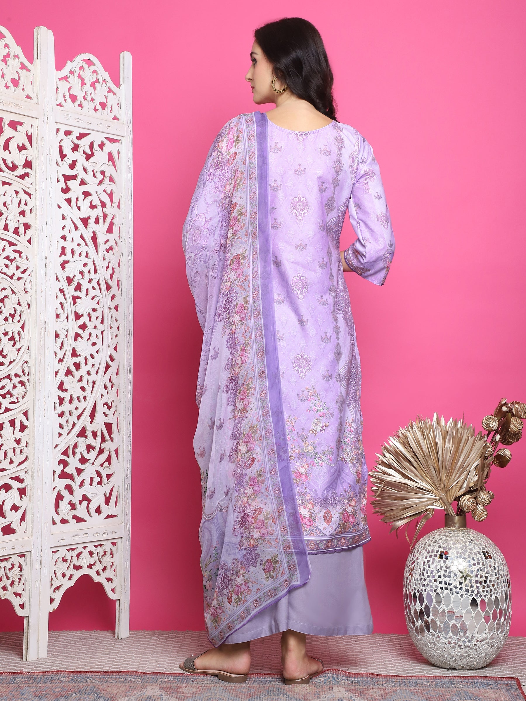 Lavender Satin Traditional Print Kurta Set with Crystal Work