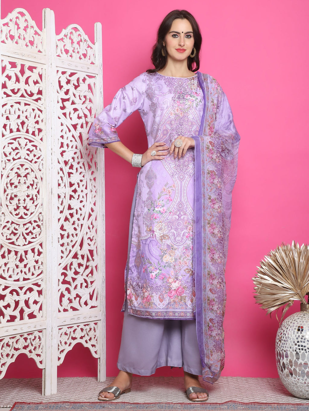 Lavender satin straight kurta set with traditional digital print and crystal details