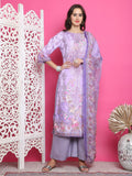 Lavender satin straight kurta set with traditional digital print and crystal details