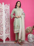 Women's green cotton floral kurta set with Resham embroidery and matching dupatta