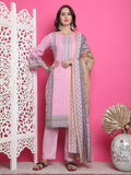 Women's pink cotton floral kurta set with matching trousers and dupatta