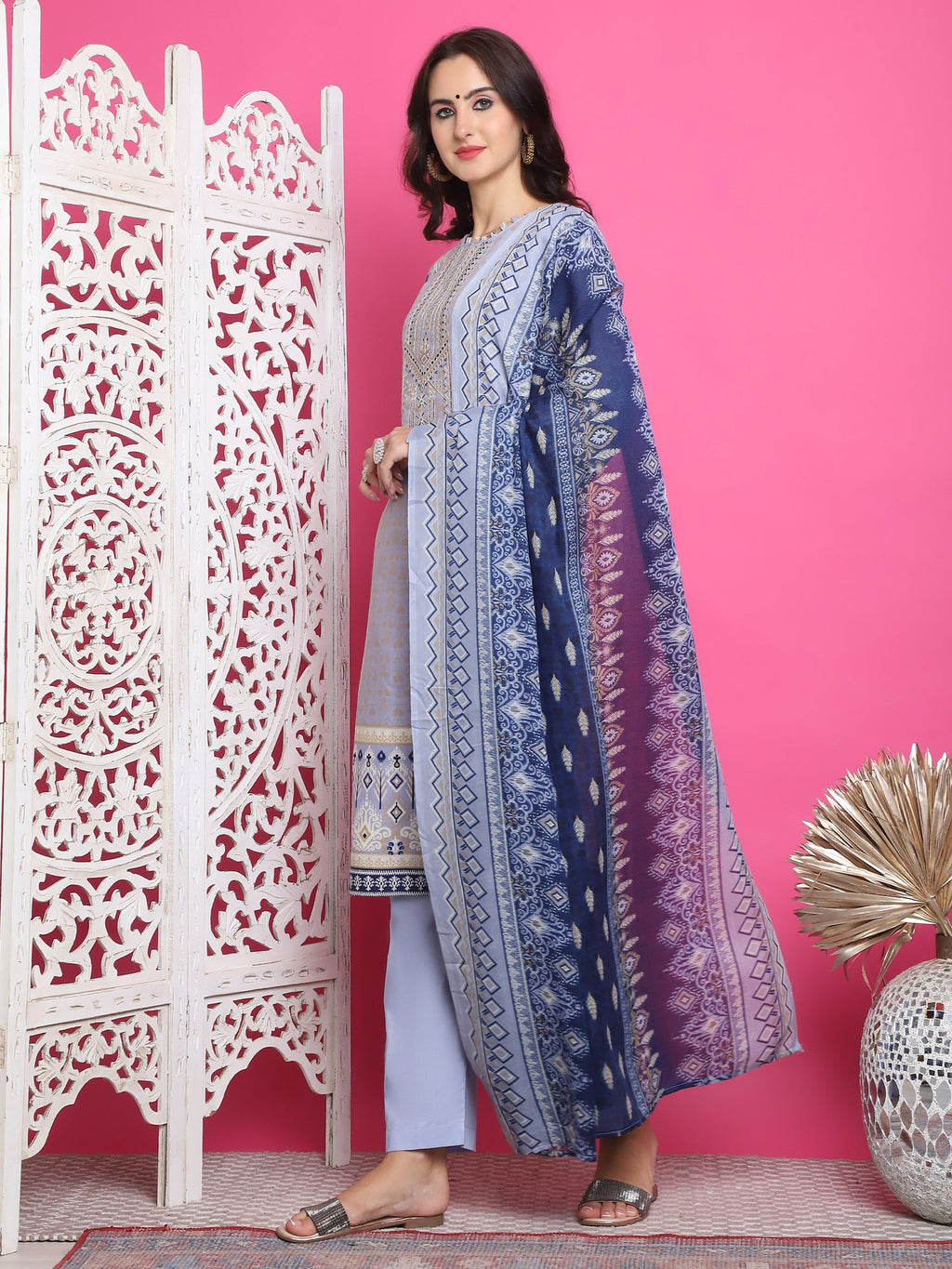 Jyoti Fashion Women's Sky Blue Cotton Floral Digital Print with Resham Thread Work Kurta with Trouser & Dupatta