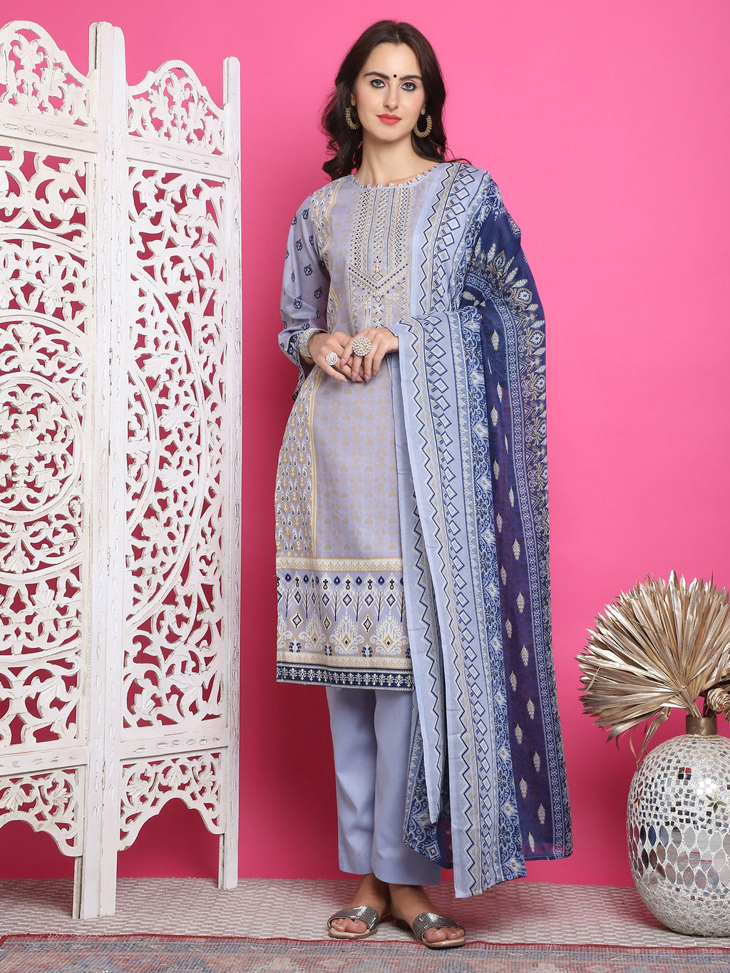 Jyoti Fashion Women's Sky Blue Cotton Floral Digital Print with Resham Thread Work Kurta with Trouser & Dupatta