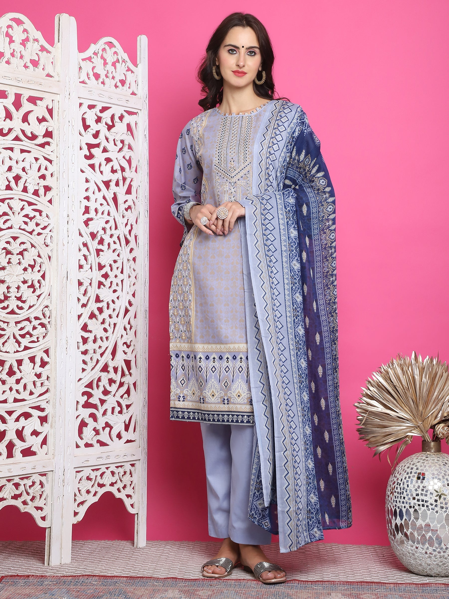 Jyoti Fashion Women's Sky Blue Cotton Floral Digital Print with Resham Thread Work Kurta with Trouser & Dupatta