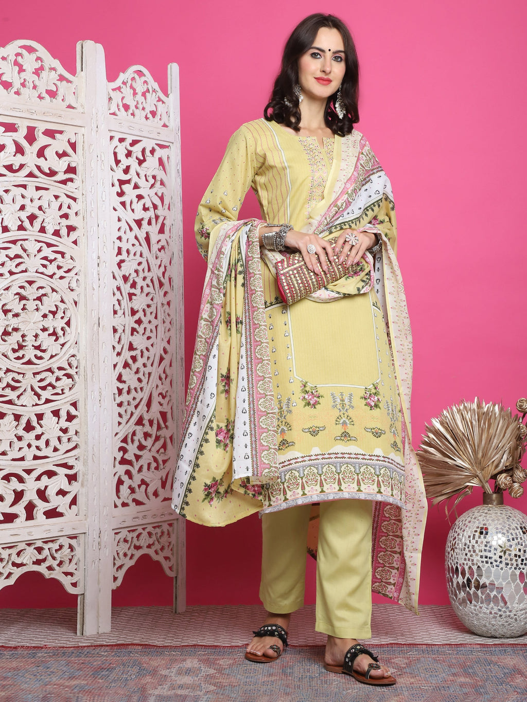 Jyoti Fashion Women's Lemon Yellow Cotton Floral Digital Print with Resham Thread Work Kurta with Trouser & Dupatta