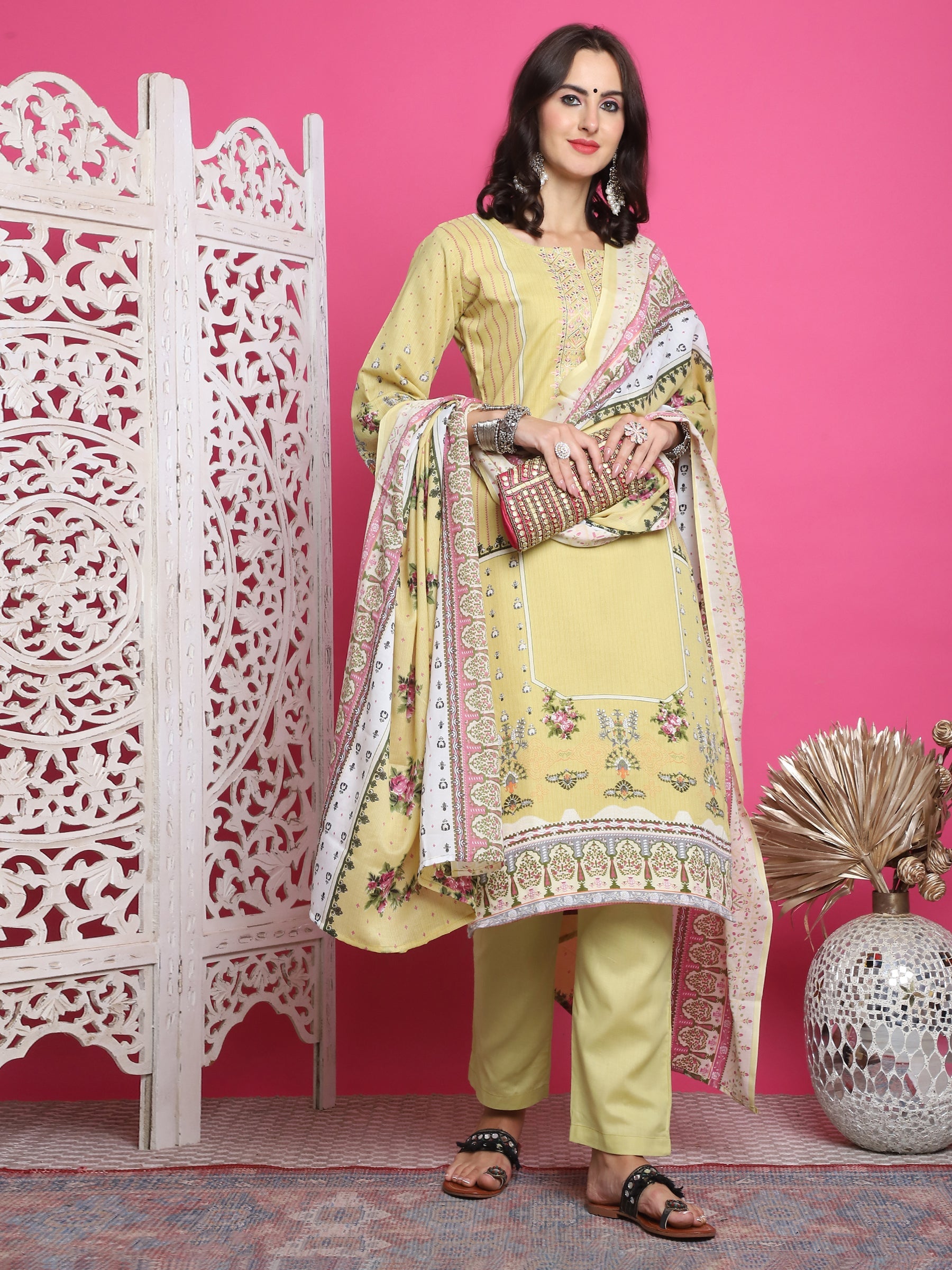 Jyoti Fashion Women's Lemon Yellow Cotton Floral Digital Print with Resham Thread Work Kurta with Trouser & Dupatta