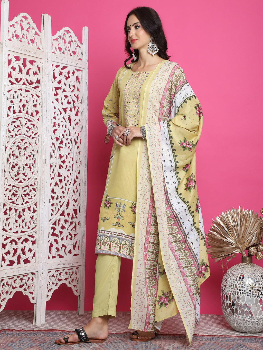 Jyoti Fashion Women's Lemon Yellow Cotton Floral Digital Print with Resham Thread Work Kurta with Trouser & Dupatta