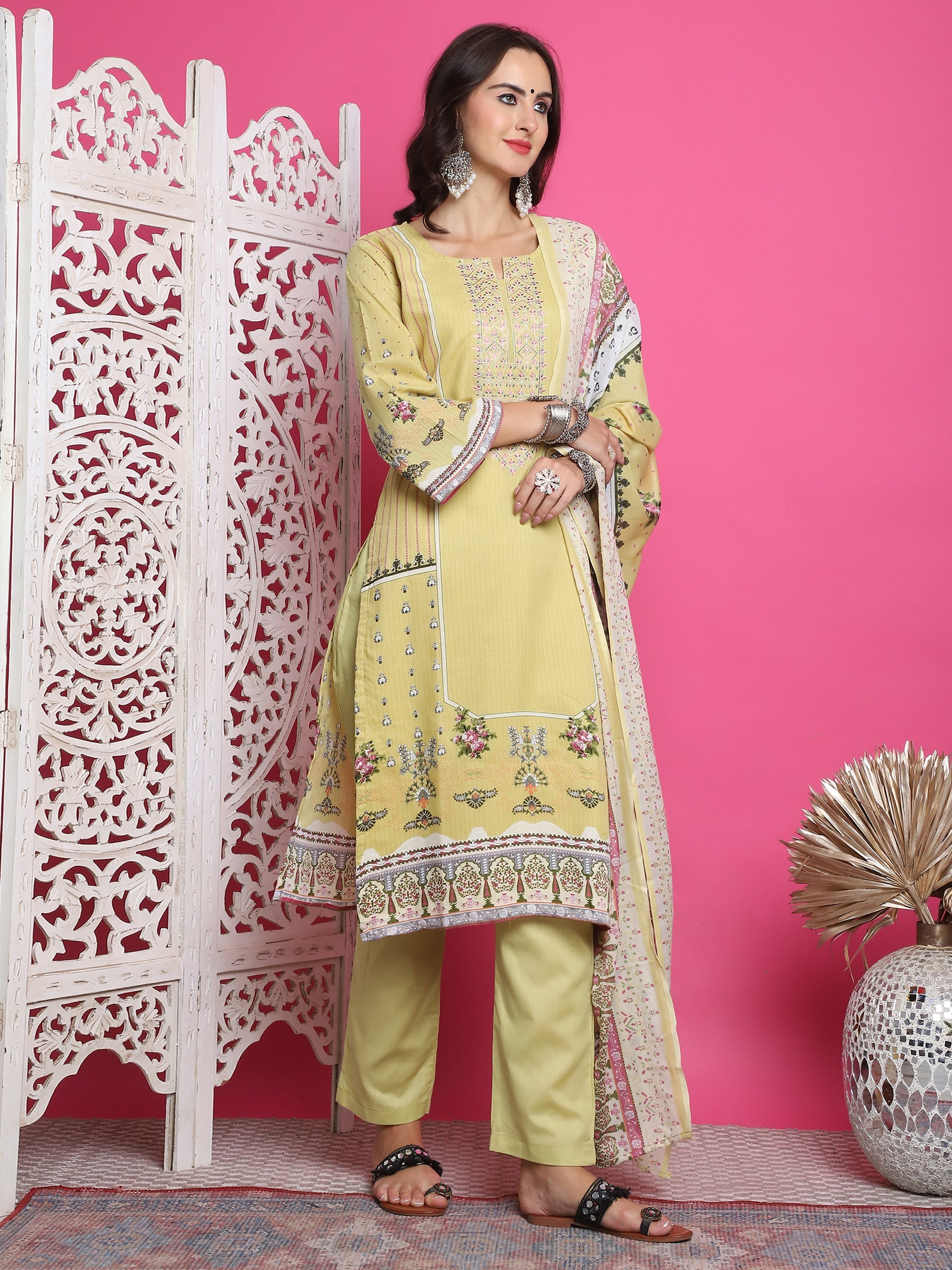 Jyoti Fashion Women's Lemon Yellow Cotton Floral Digital Print with Resham Thread Work Kurta with Trouser & Dupatta
