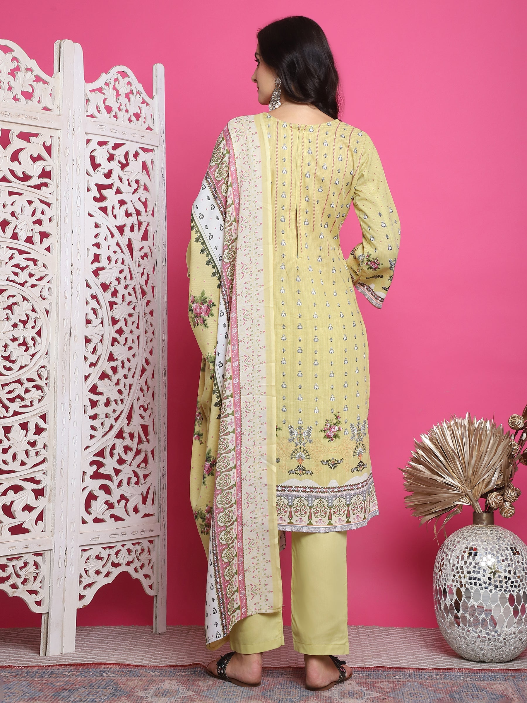 Jyoti Fashion Women's Lemon Yellow Cotton Floral Digital Print with Resham Thread Work Kurta with Trouser & Dupatta