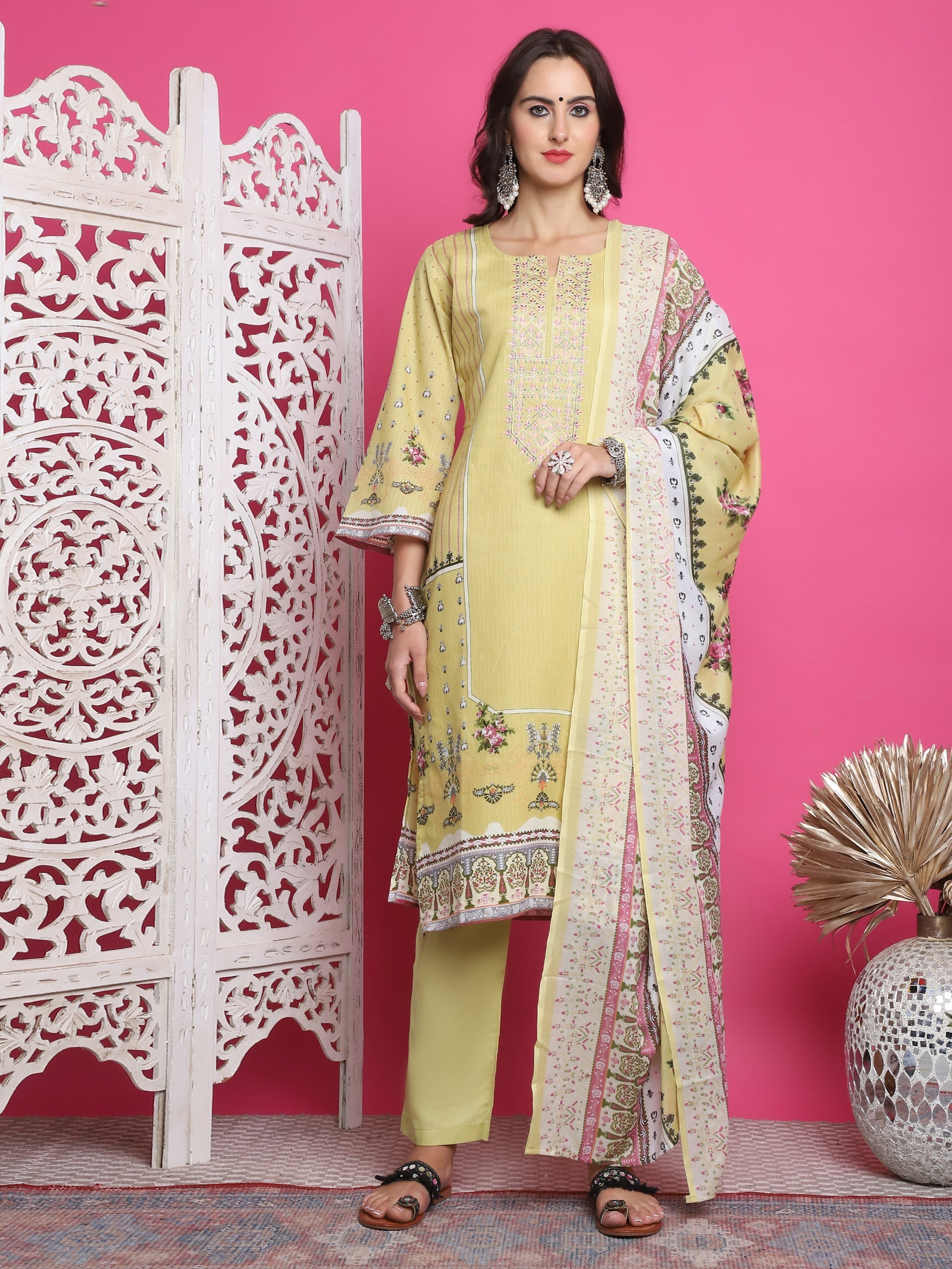 Jyoti Fashion Women's Lemon Yellow Cotton Floral Digital Print with Resham Thread Work Kurta with Trouser & Dupatta