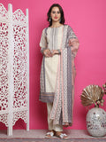 Women wearing a cream cotton kurta with floral digital print and Resham thread work, paired with trousers and a dupatta.