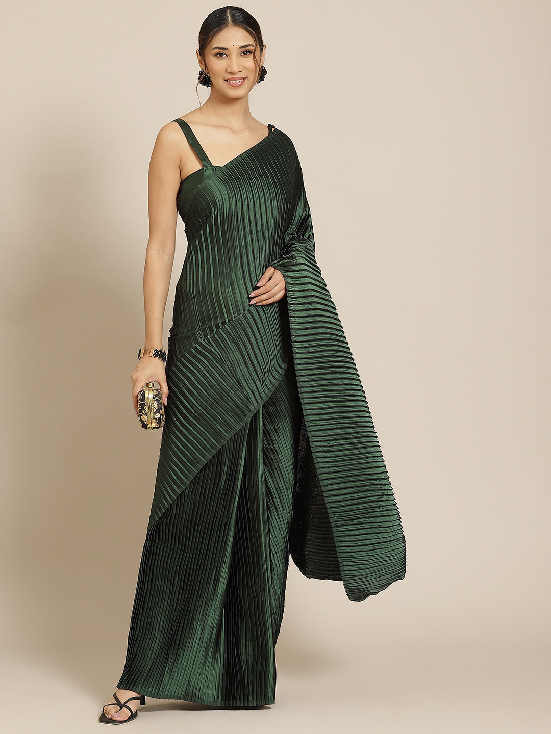 Jyoti Fashion Women's Green Satin Platted Work Designer Saree with Blouse