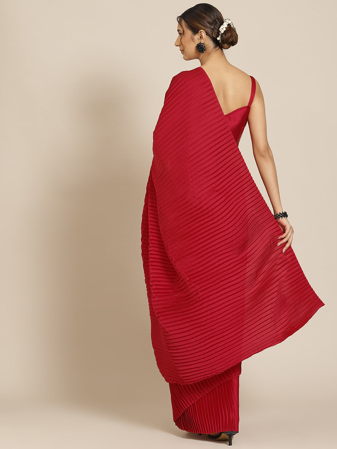 Red Satin Designer Saree with Elegant Pleated Detail and Blouse