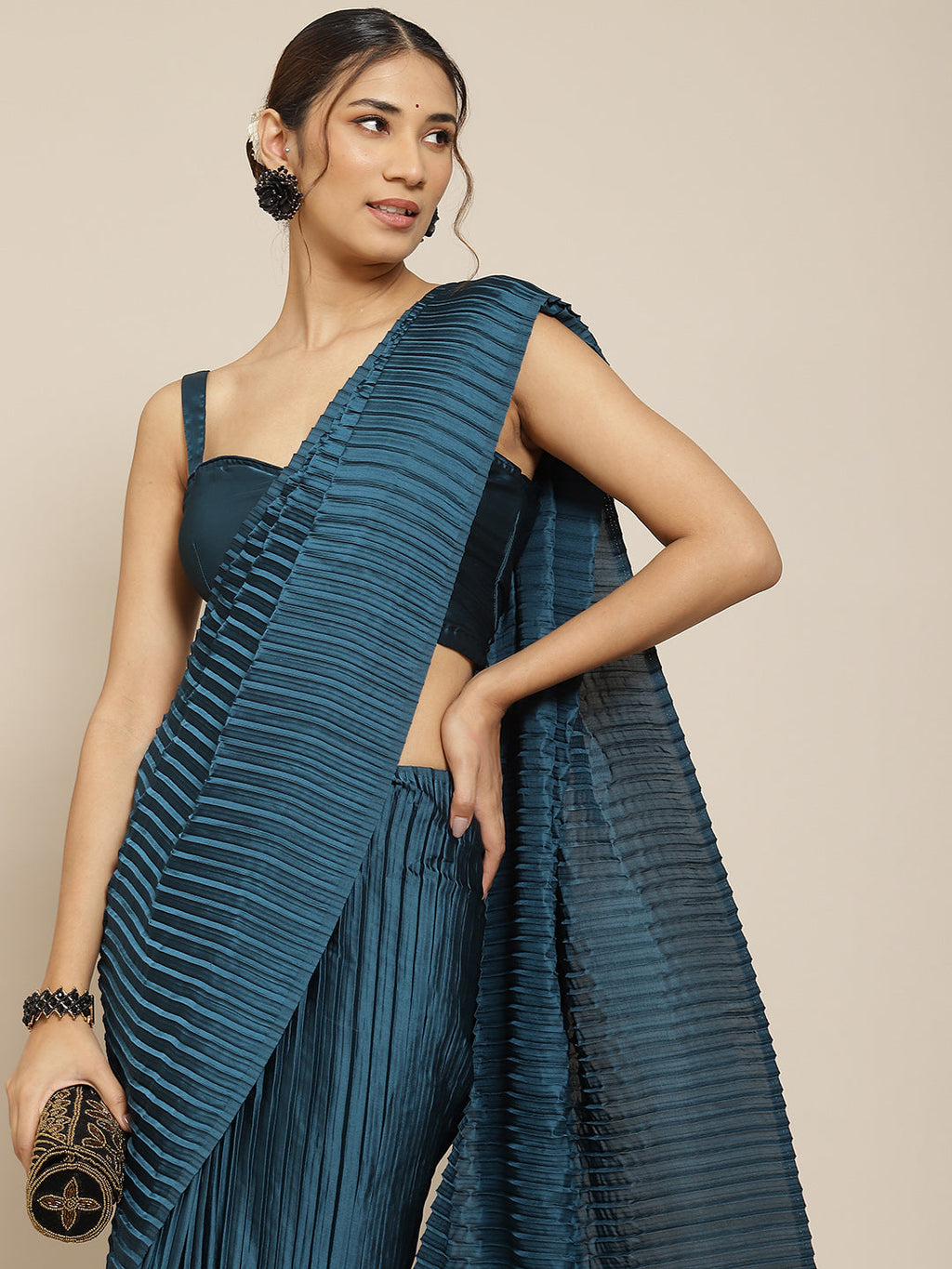 Blue Satin Designer Saree with Pleated Detail and Blouse
